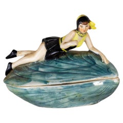 Vintage Art Deco Mussel Shell Rice Powder Box Pin Up Woman Porcelain by Goebel, 1929