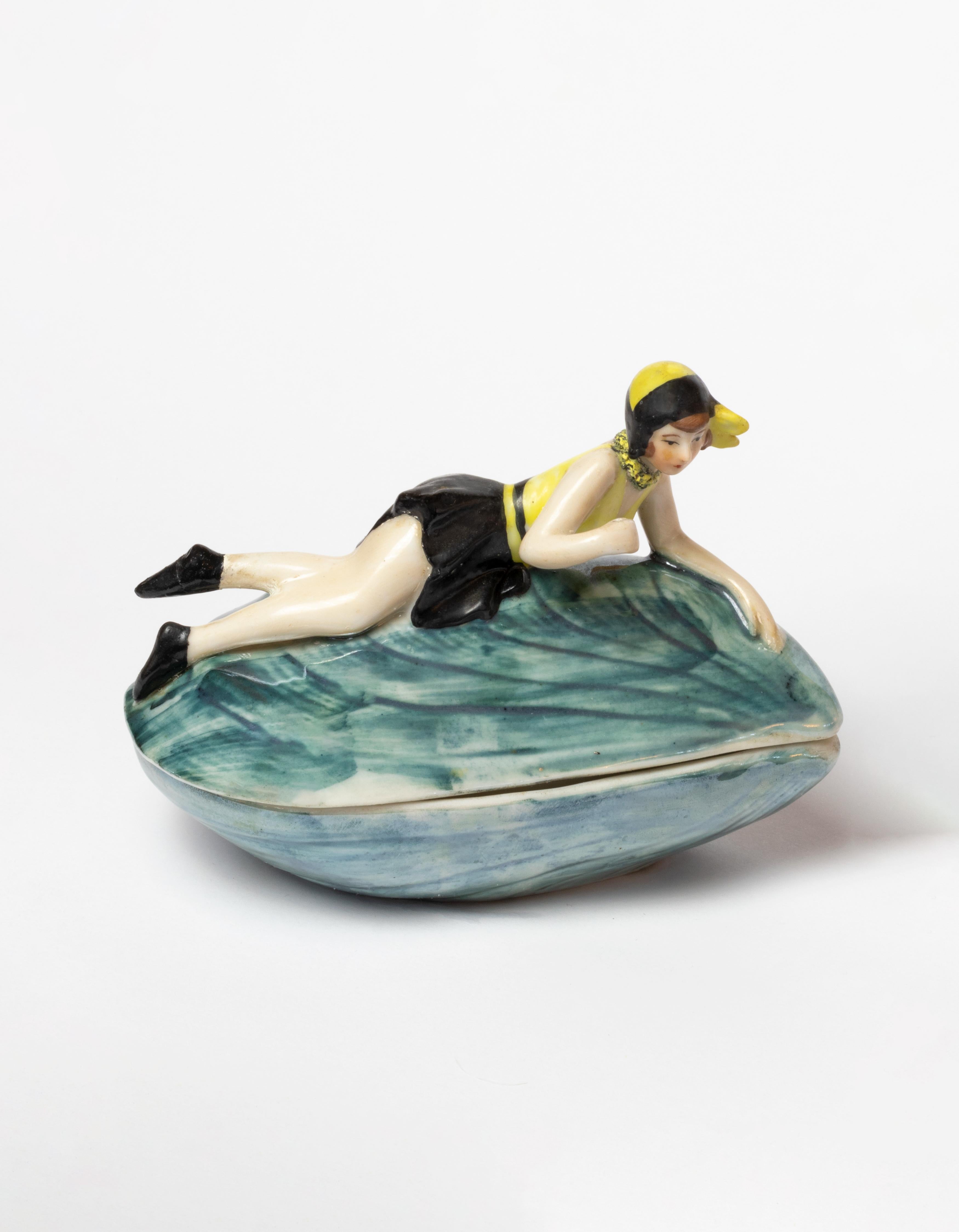 Art Deco Mussel Shell Rice Powder Box Pin Up Woman Porcelain by Goebel, 1929 For Sale