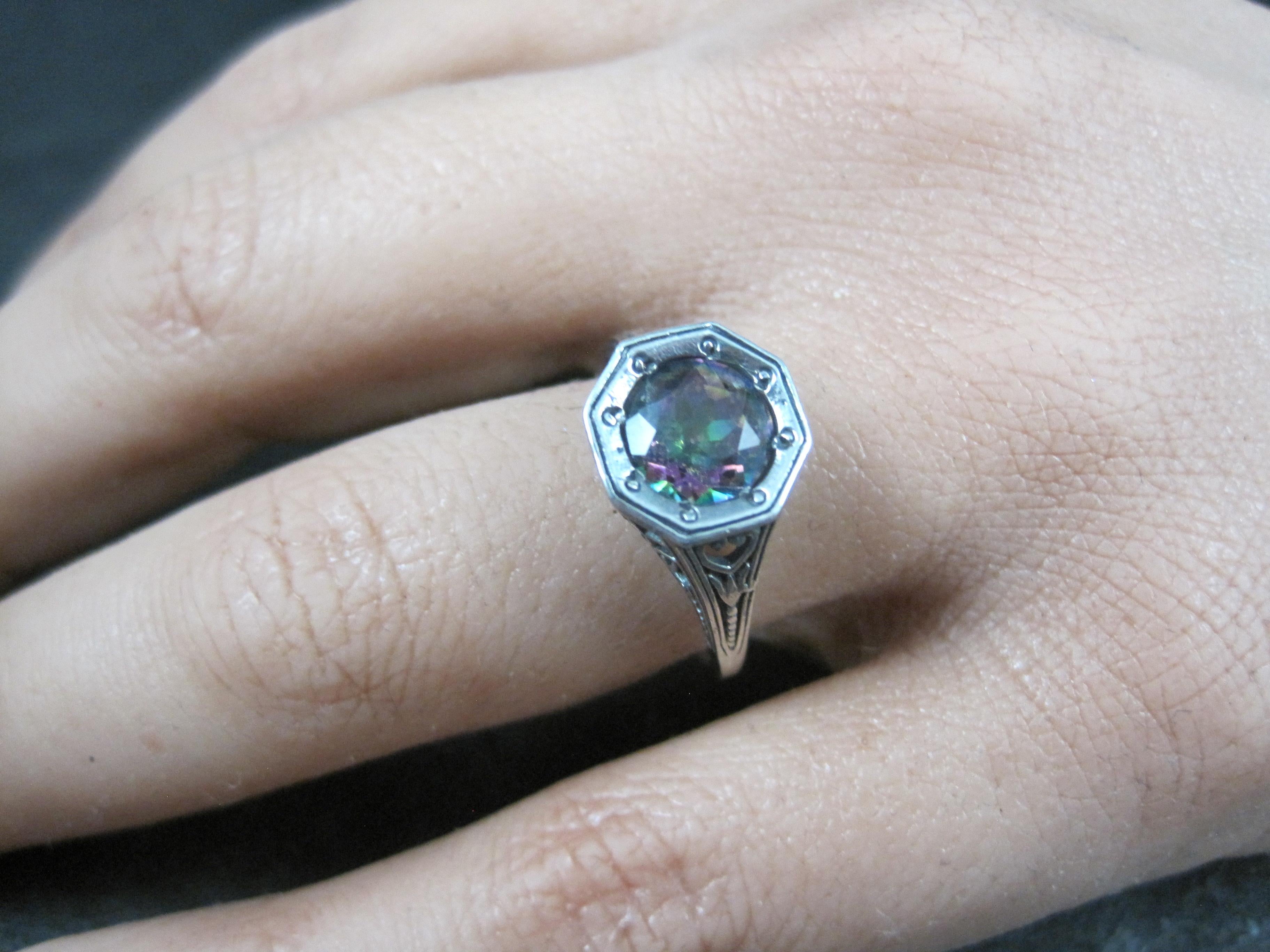 Anello solitario Art Deco Topazio Mistico Misura 7 A. Silver in vendita 5