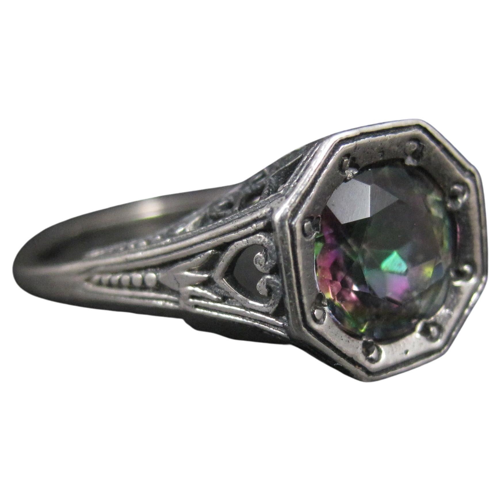 Anello solitario Art Deco Topazio Mistico Misura 7 A. Silver in vendita