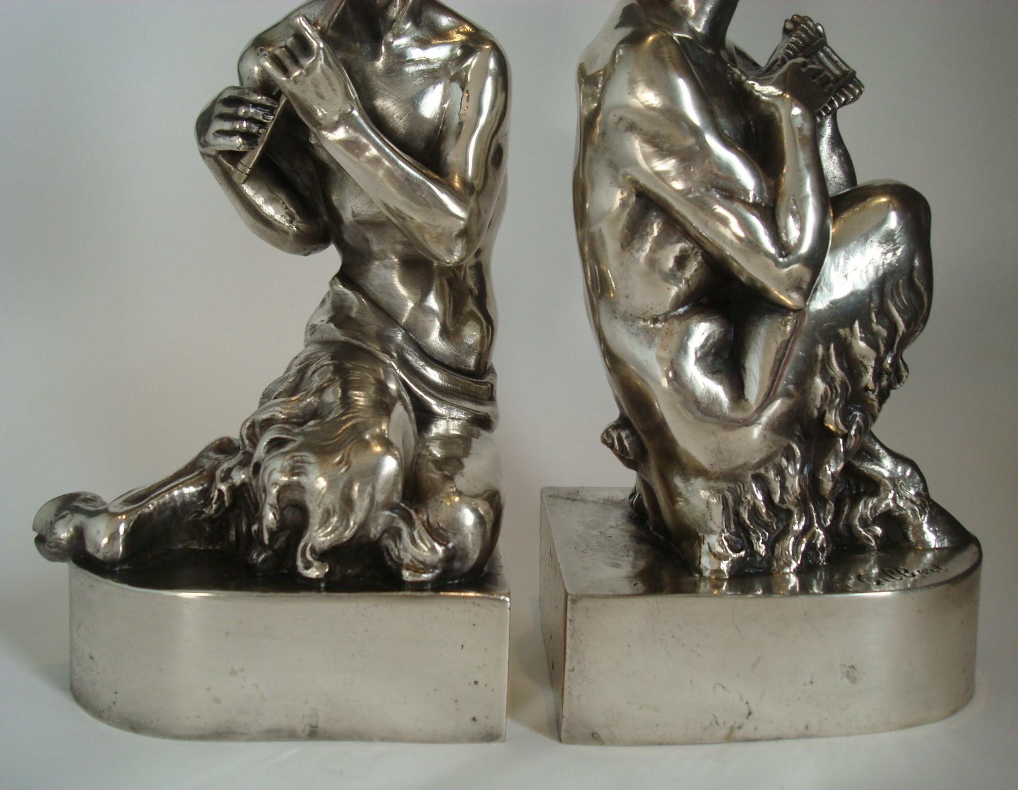Silvered Art Deco Mythological Faun Bookends, Signed Gilbert, circa 1925