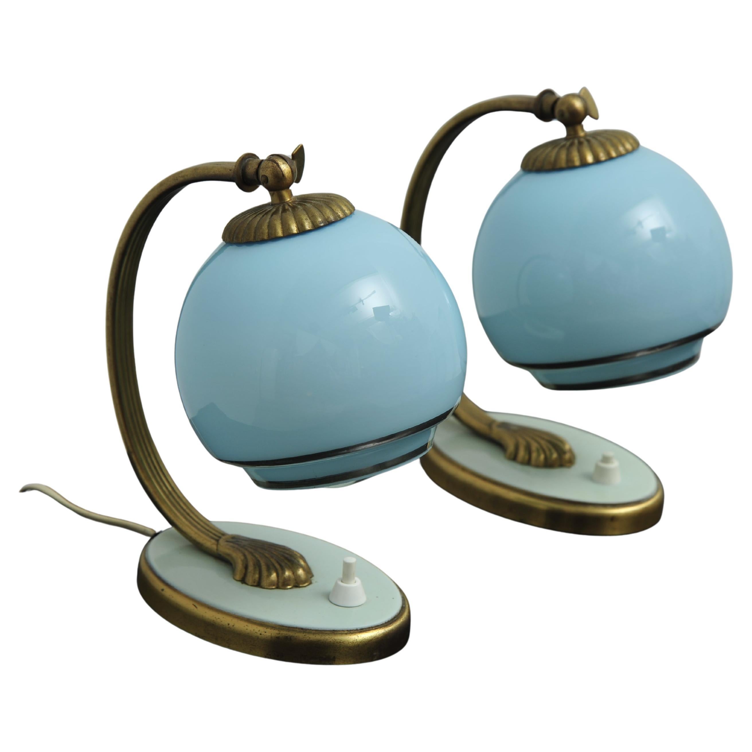 Art Deco Nachttischlampen Blaues Glas Bronzefüße 2er Set 1920