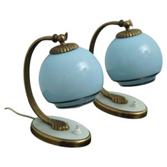 Art Deco Nachttischlampen Blaues Glas Bronzefüße 2er Set 1920