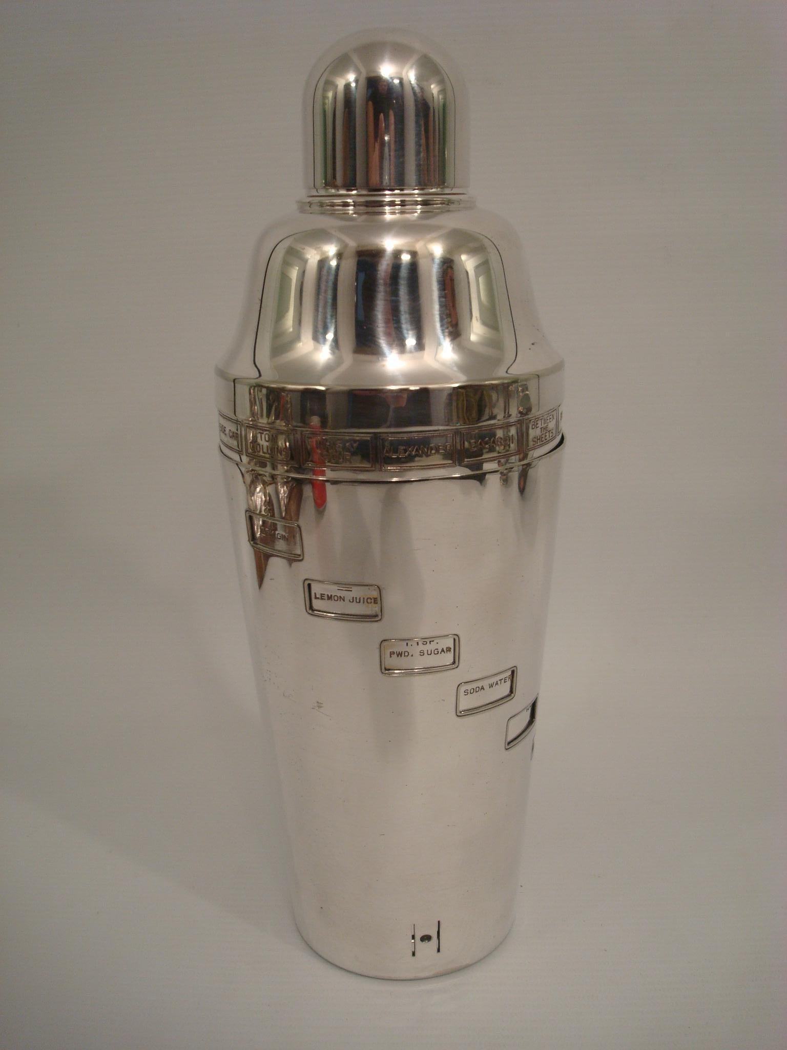 Silvered Art Deco Napier Recipe / Menu Cocktail Shaker, c.1930's