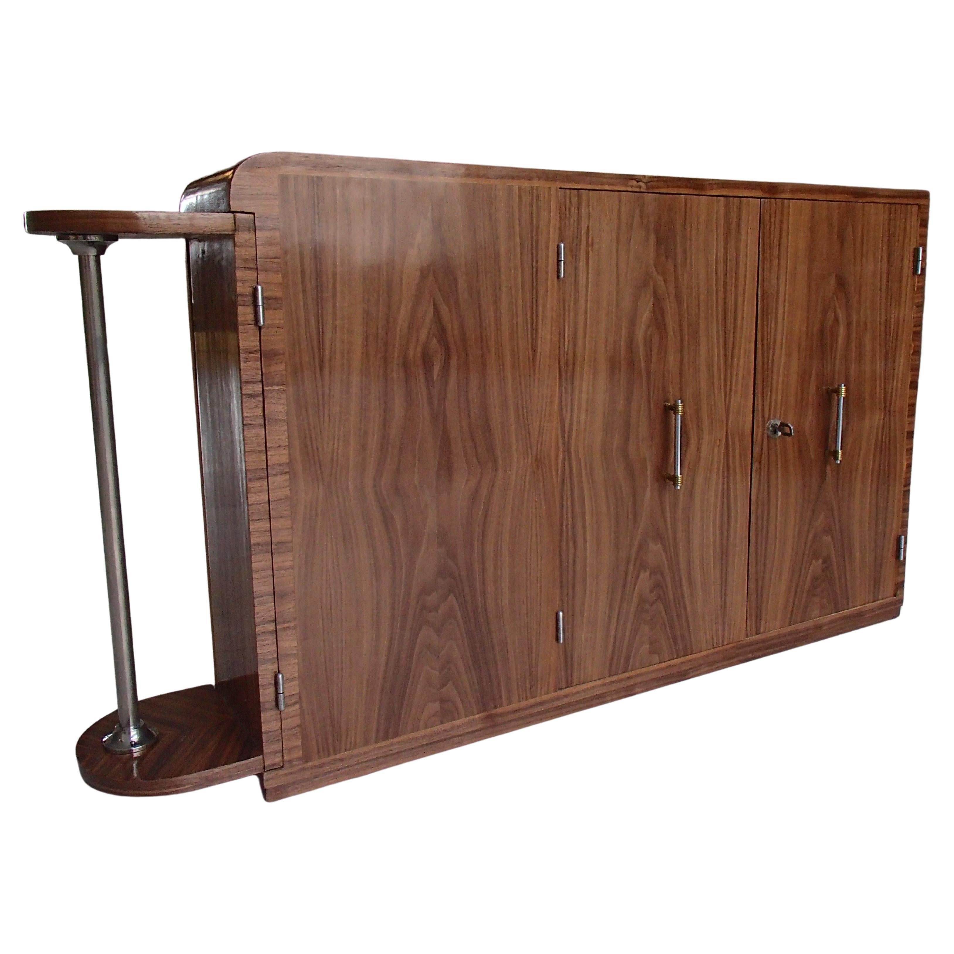 Art Deco narrow bar with 2 doors and bottle compartment walnut and chrome  For Sale