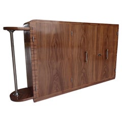 Art Deco narrow bar with 2 doors and bottle compartment walnut and chrome 