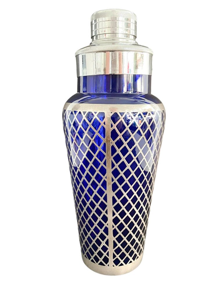 Art Deco, National Silver Co. Silver Overlaid Cobalt Blue Glass Cocktail Shaker For Sale at 1stDibs