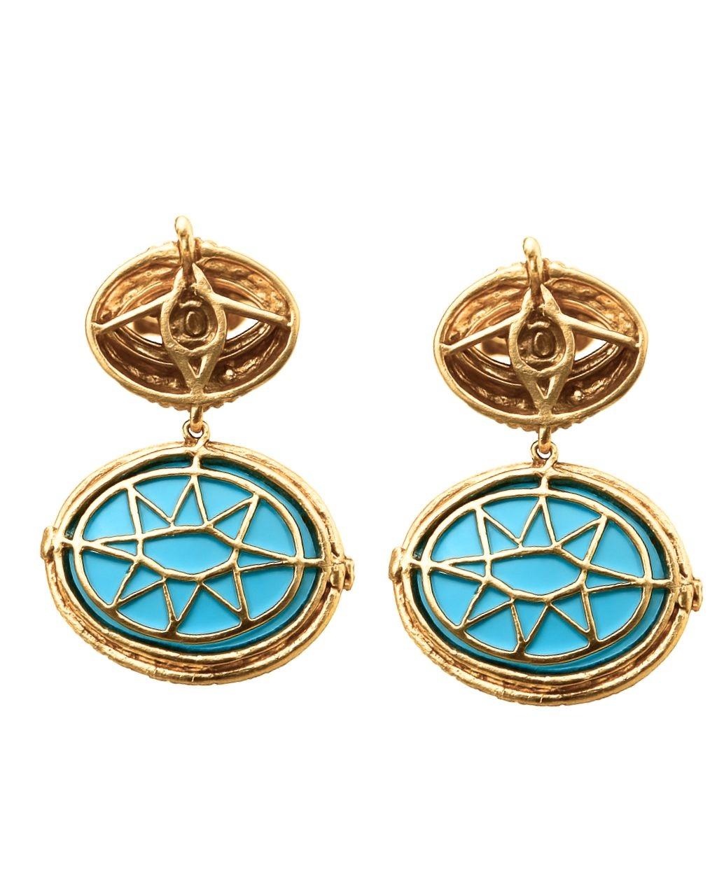 Pendientes Art Decó de Gota de Turquesa Americana Natural y Diamantes en Oro Amarillo de 18 K Cabujón en venta