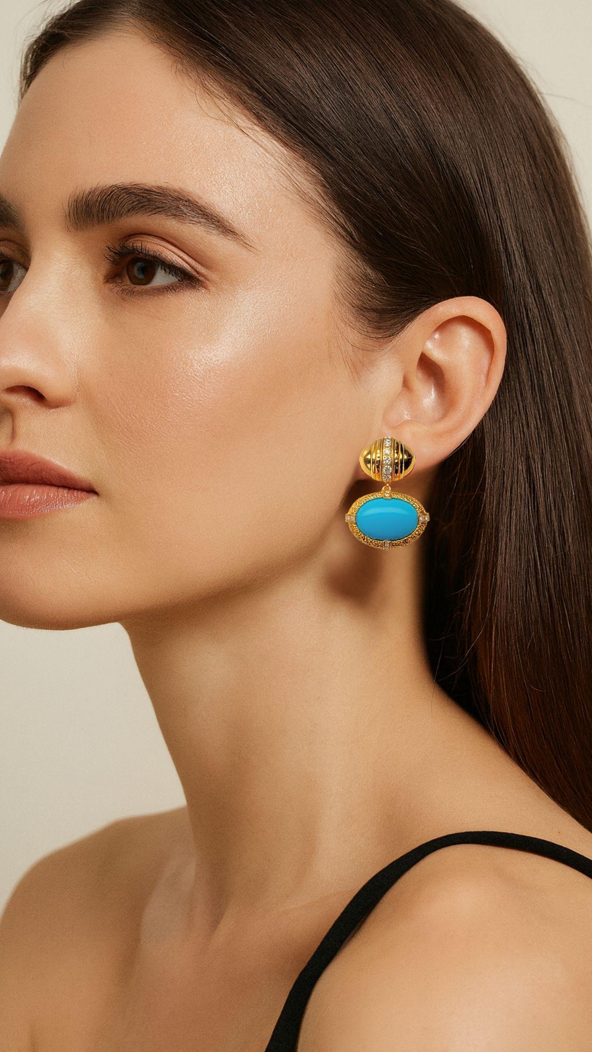 Femenino o masculino Pendientes Art Decó de Gota de Turquesa Americana Natural y Diamantes en Oro Amarillo de 18 K en venta