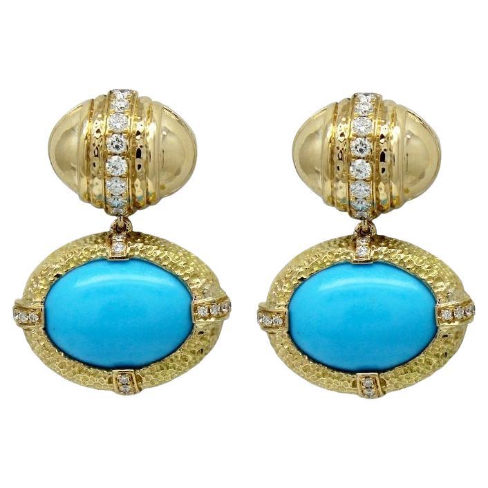 Orecchini Art Deco con turchese americano naturale e diamanti in oro giallo 18 carati