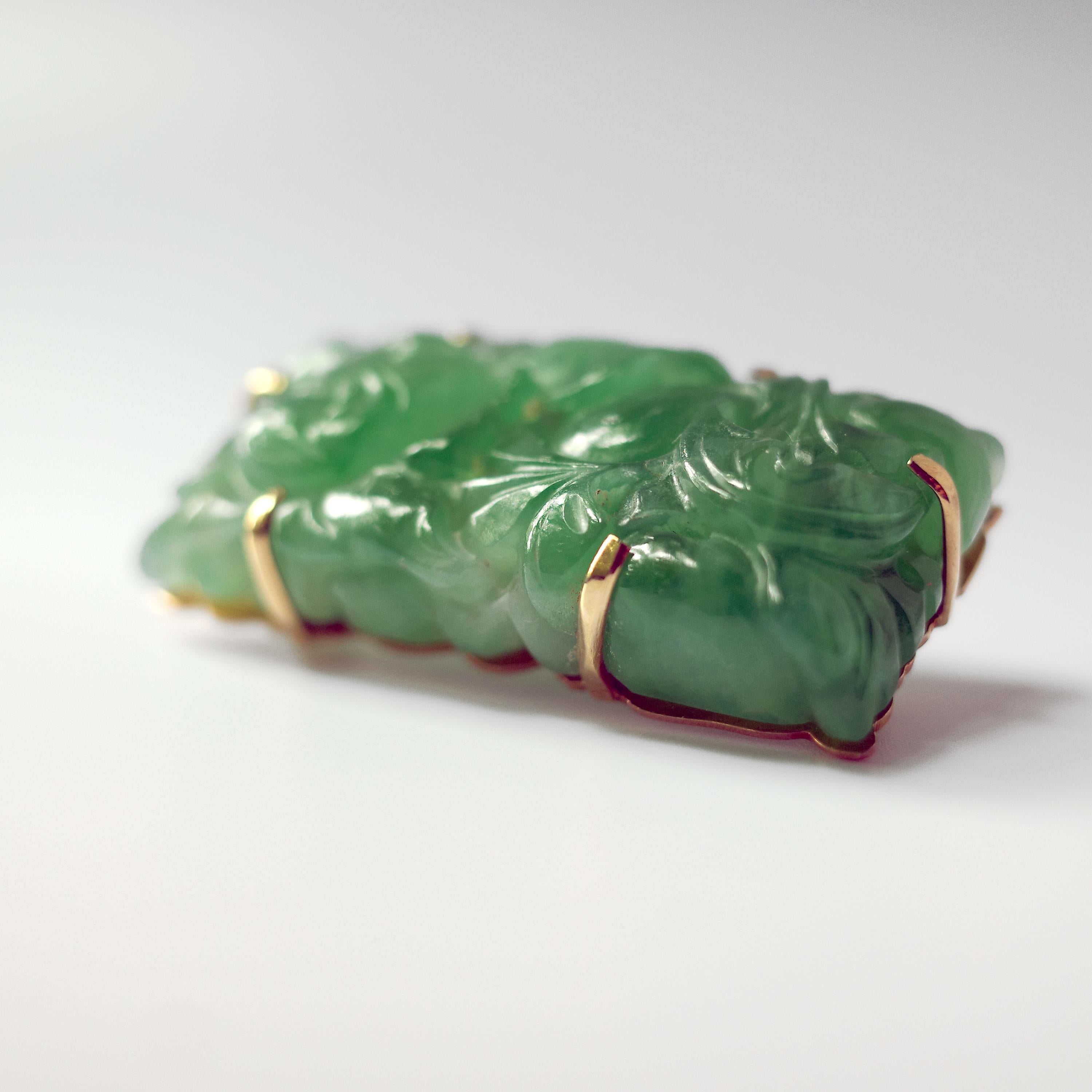 Women's Art Deco Natural and Untreated Jade Brooch in Apple Green Singularly Spectacular