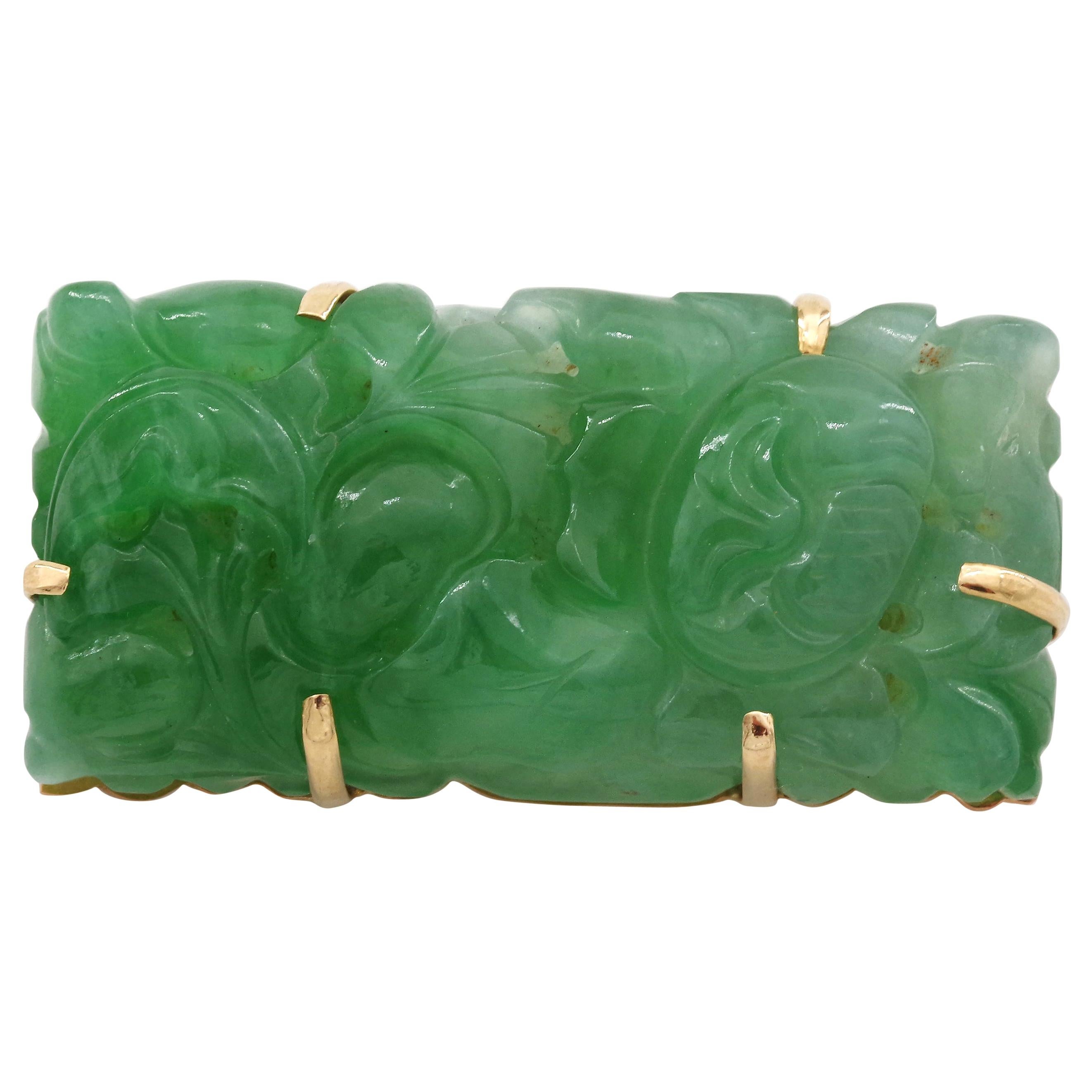 Art Deco Natural and Untreated Jade Brooch in Apple Green Singularly Spectacular