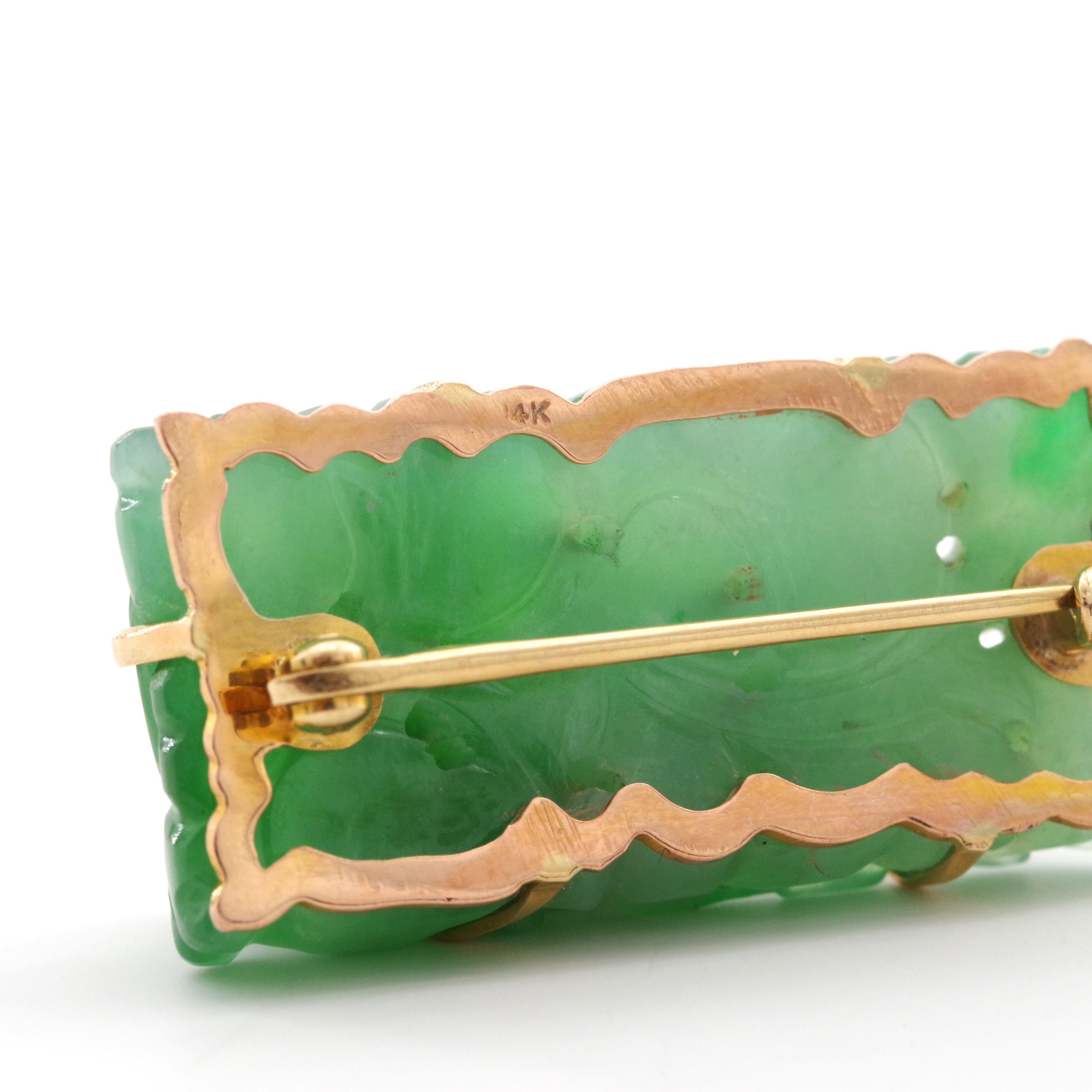 Art Deco Natural and Untreated Jade Brooch in Apple Green Singularly Spectacular 3