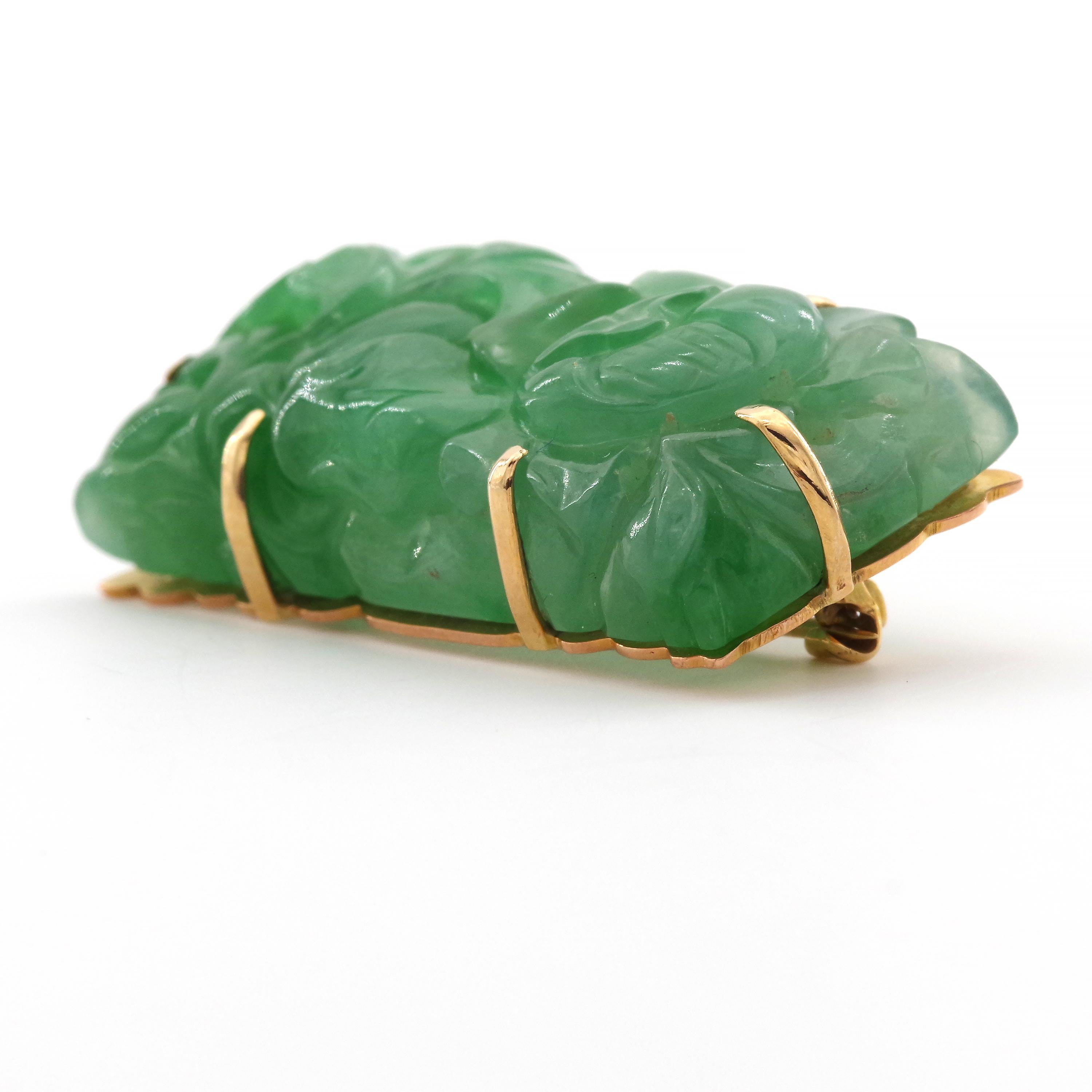 Art Deco Natural and Untreated Jade Brooch in Apple Green Singularly Spectacular 4