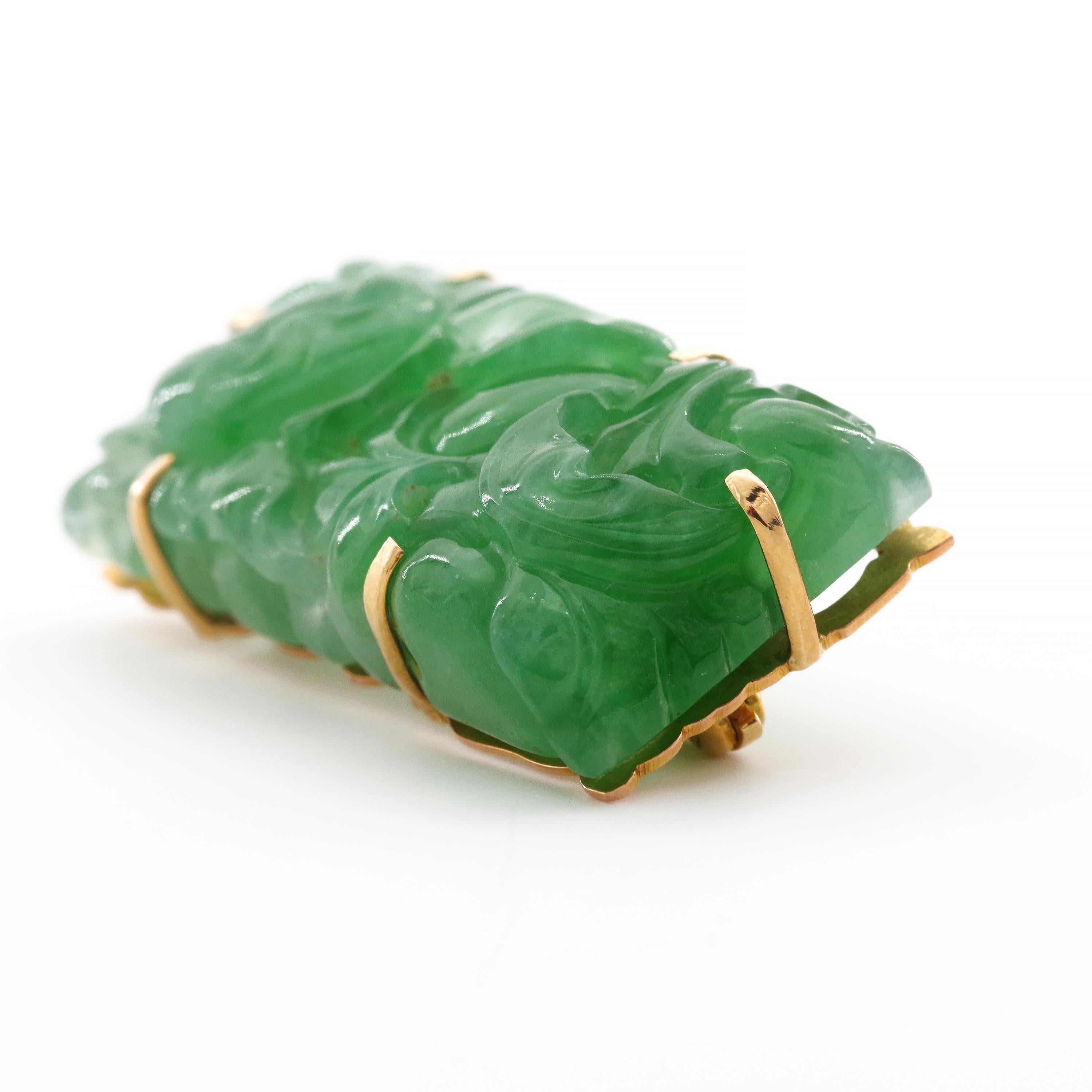 Art Deco Natural and Untreated Jade Brooch in Apple Green Singularly Spectacular 6