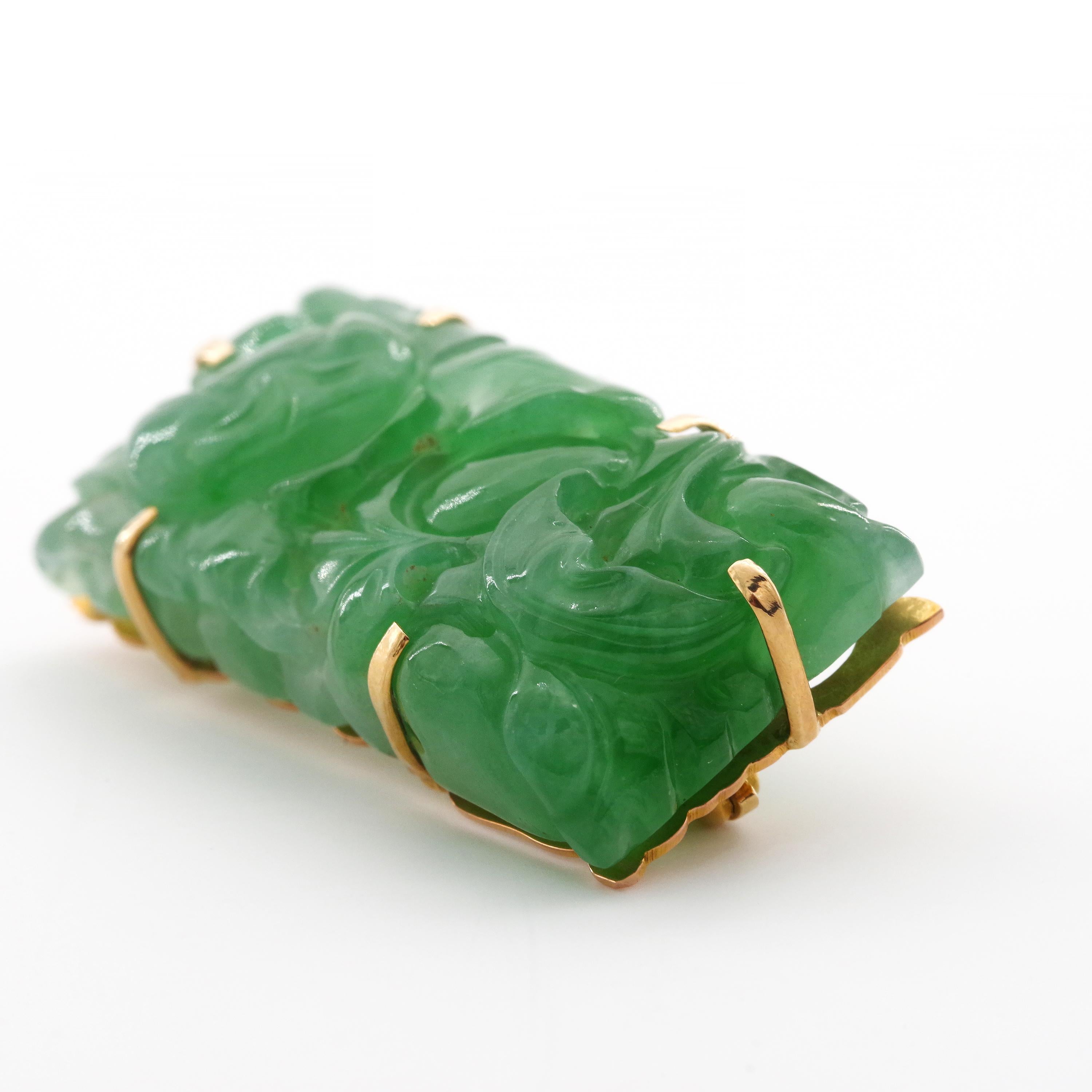 Art Deco Natural and Untreated Jade Brooch in Apple Green Singularly Spectacular 7