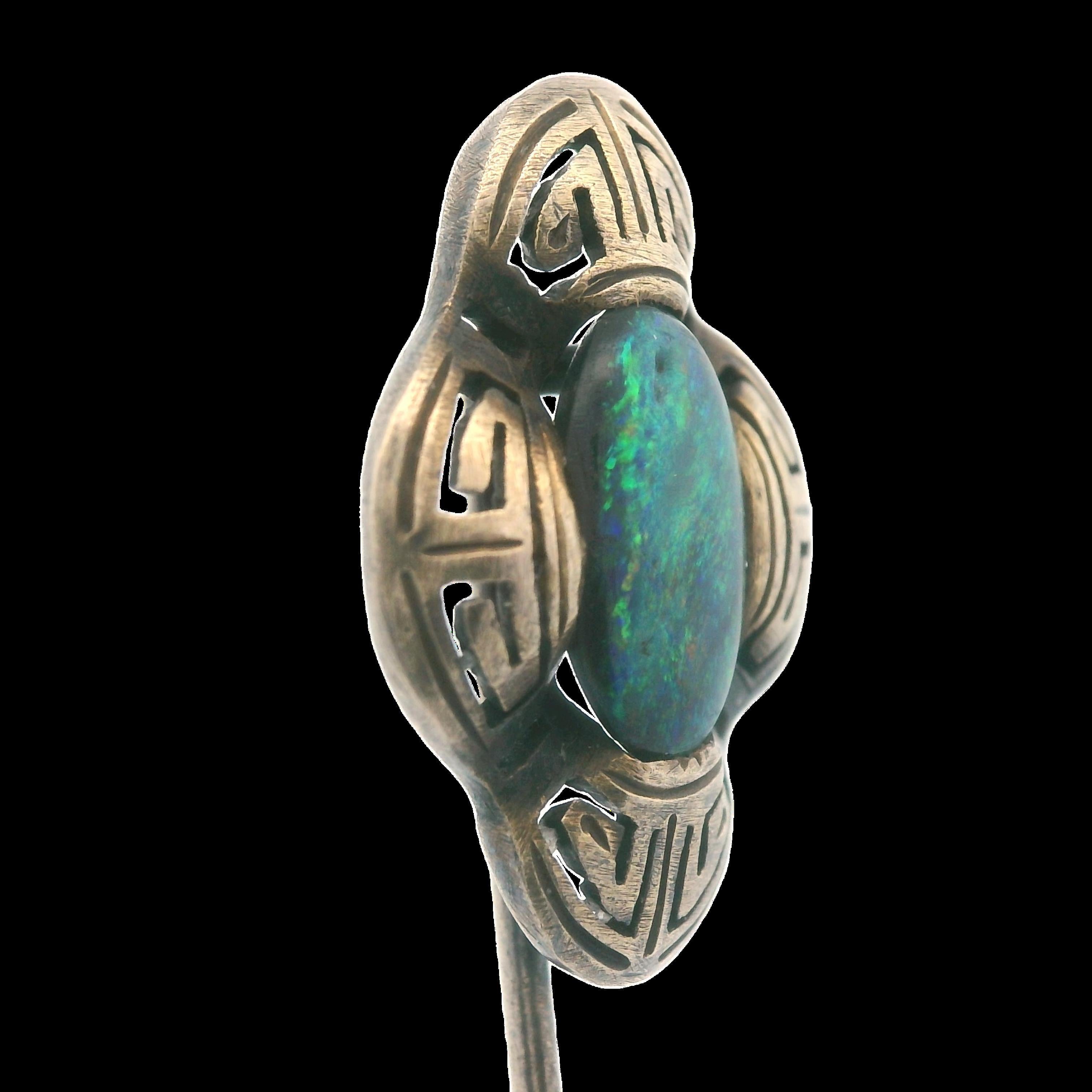Cabochon Art Deco Natural Black Opal Stick Pin 14K Yellow Gold For Sale