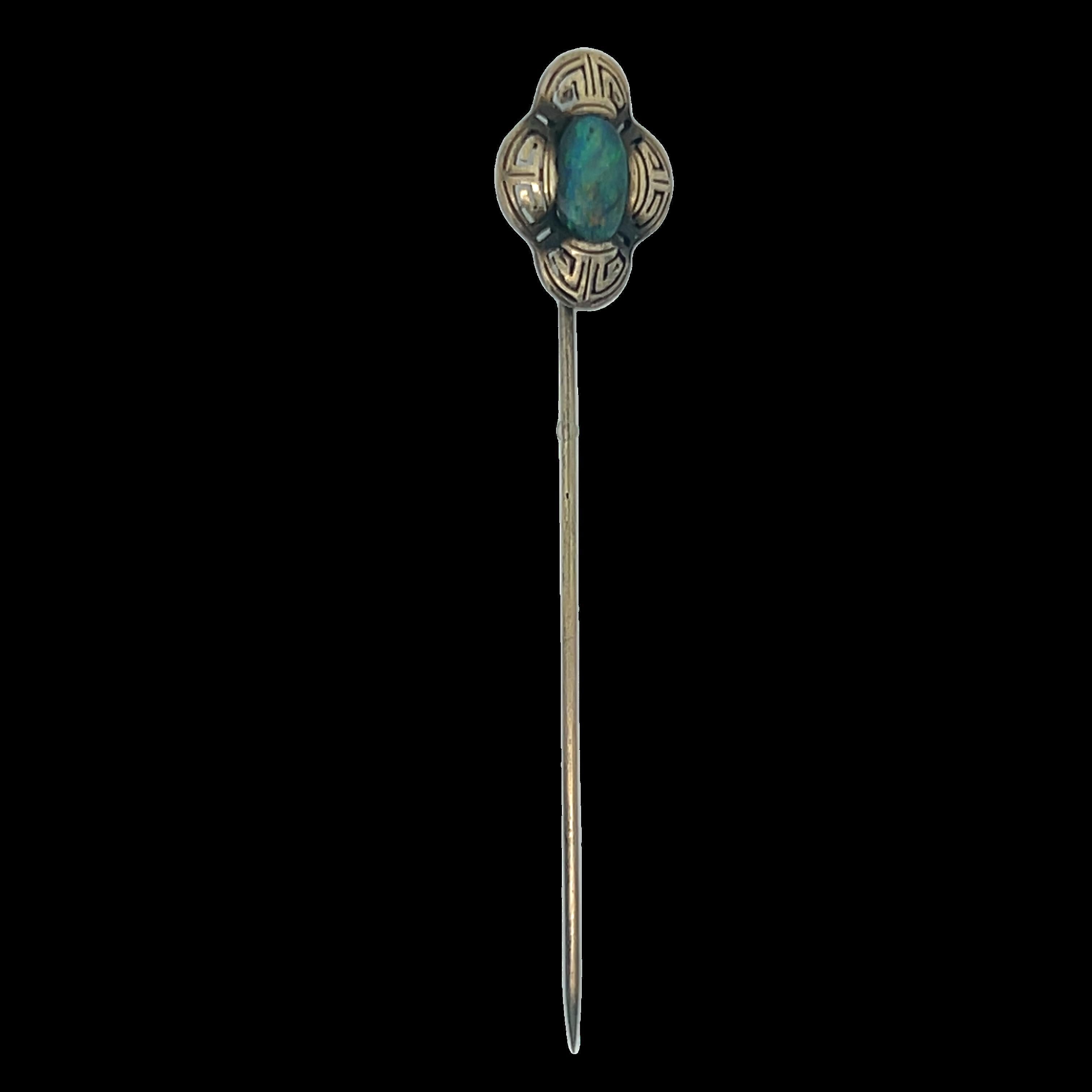 Women's Art Deco Natural Black Opal Stick Pin 14K Yellow Gold For Sale