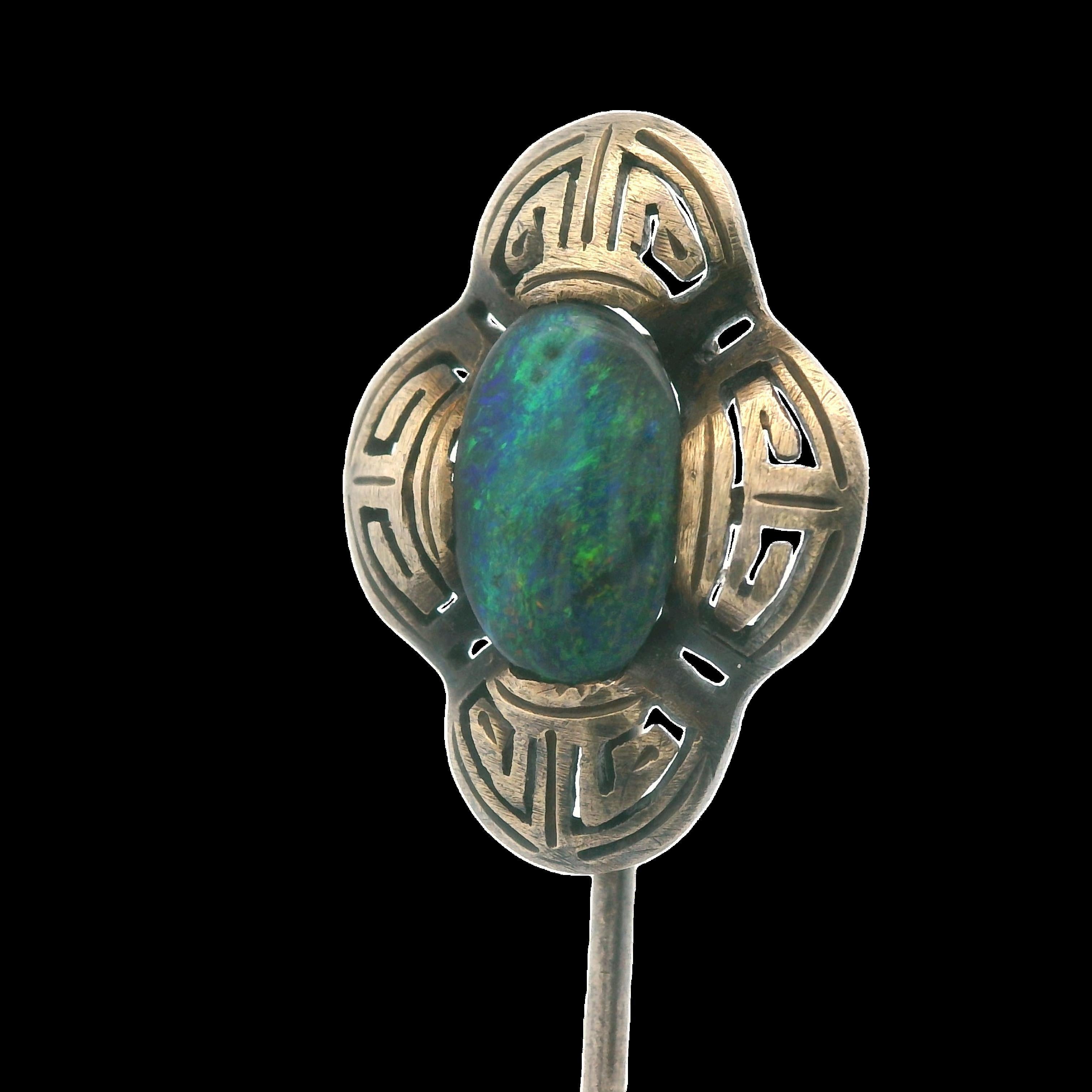 Art Deco Natural Black Opal Stick Pin 14K Yellow Gold For Sale 1