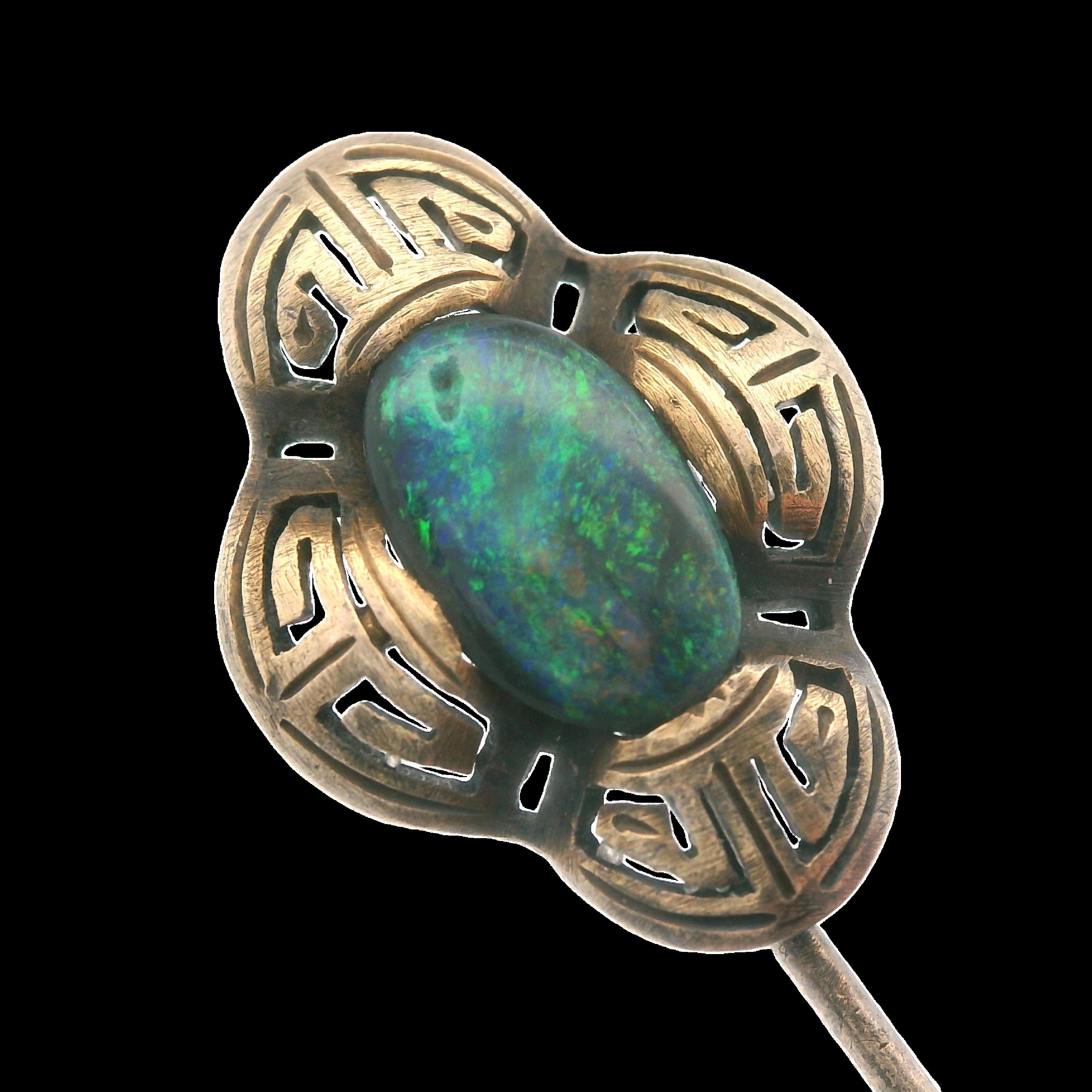 Art Deco Natural Black Opal Stick Pin 14K Yellow Gold For Sale 2