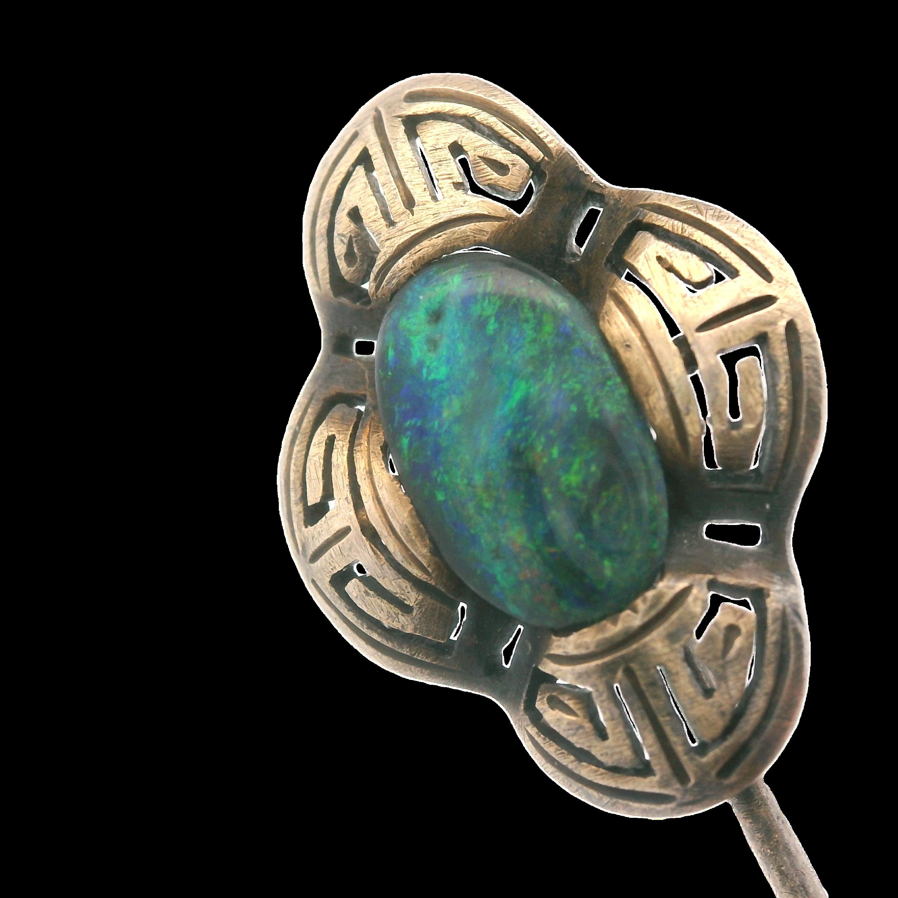 Art Deco Natural Black Opal Stick Pin 14K Yellow Gold For Sale 3