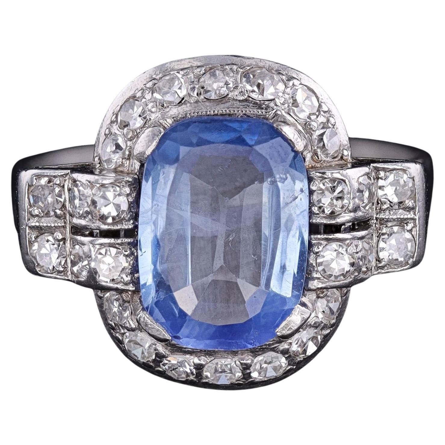 Anello Art Deco con zaffiro blu naturale e diamante con certificazione EGL