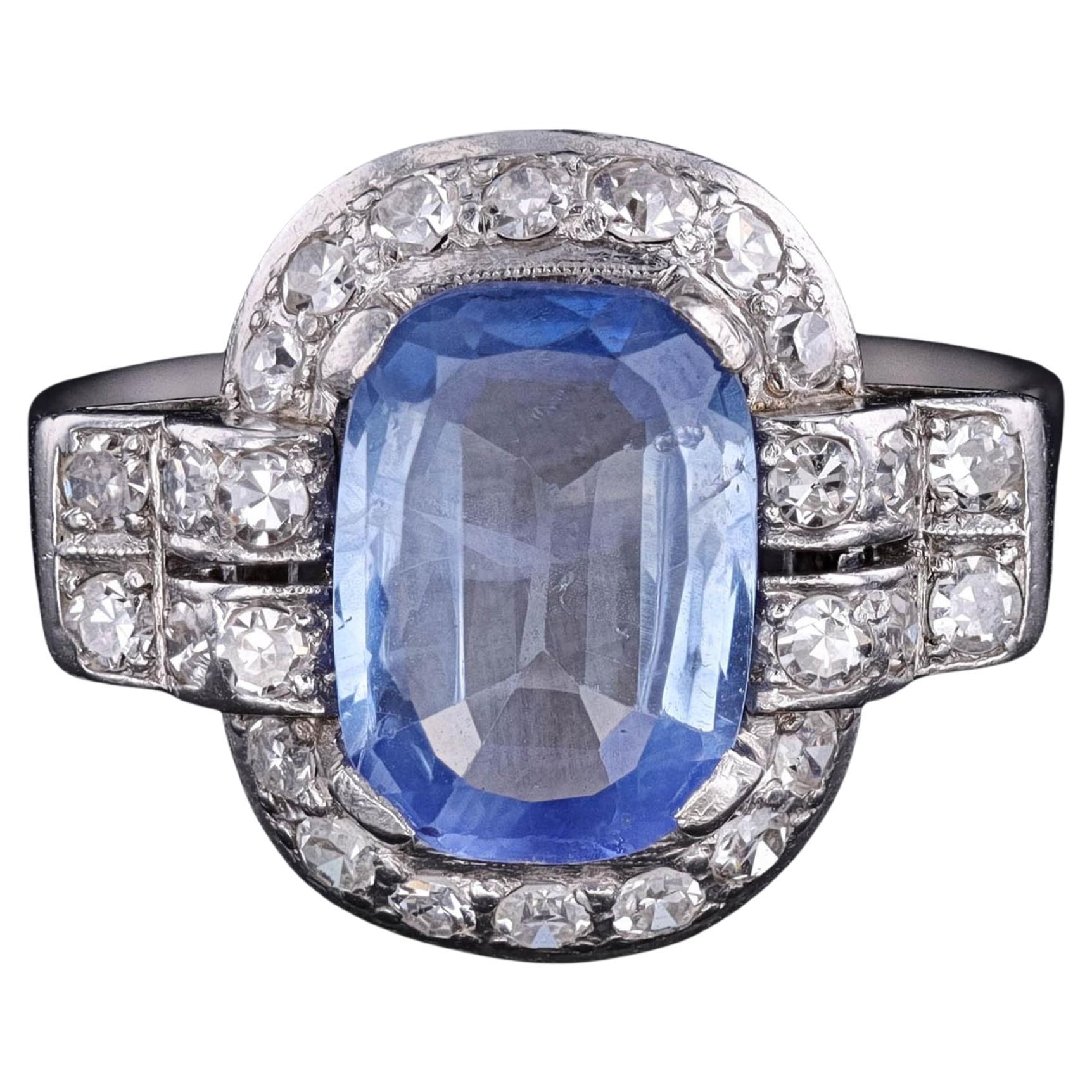 Bague Art déco en saphir bleu naturel et diamants avec certificat EGL en vente