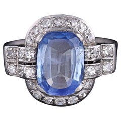 Anillo Art Déco de Zafiro Azul Natural y Diamante con Certificación EGL