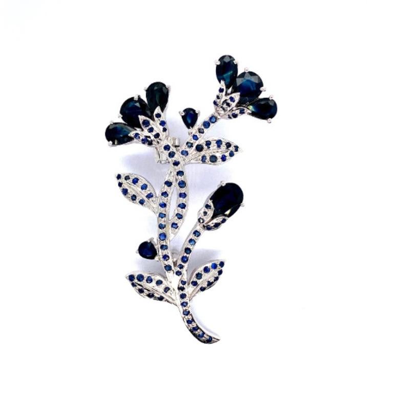 Mixed Cut Genuine Blue Sapphire Tulip Flower Brooch Pin in 925 Sterling Silver For Sale