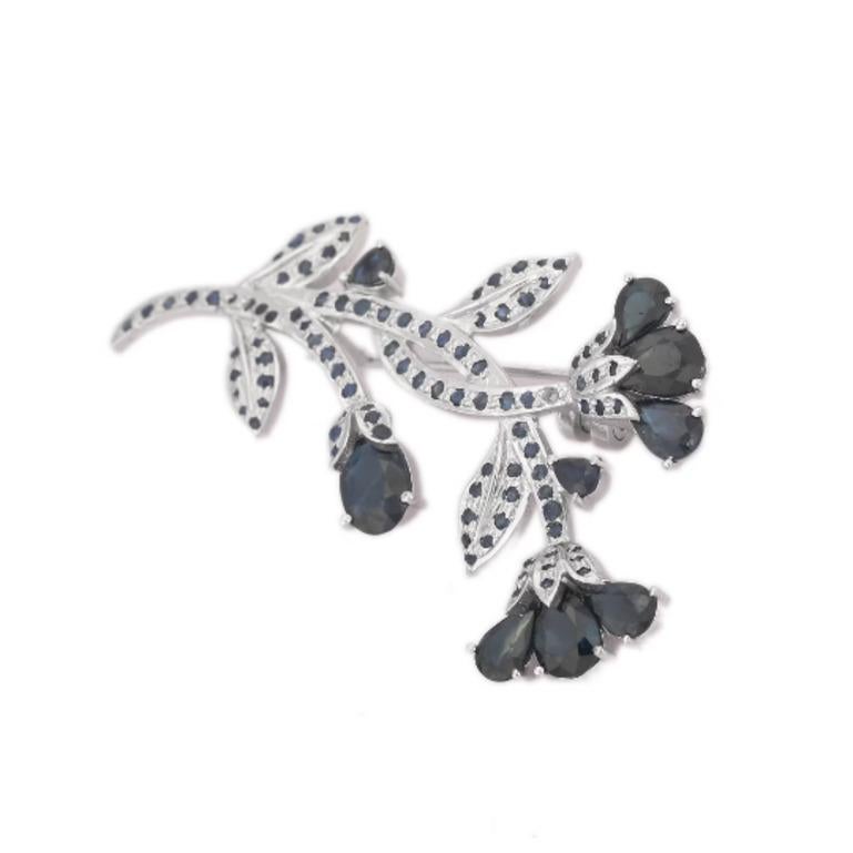 Genuine Blue Sapphire Tulip Flower Brooch Pin in 925 Sterling Silver In New Condition For Sale In Houston, TX