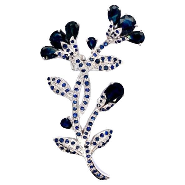 Genuine Blue Sapphire Tulip Flower Brooch Pin in 925 Sterling Silver For Sale