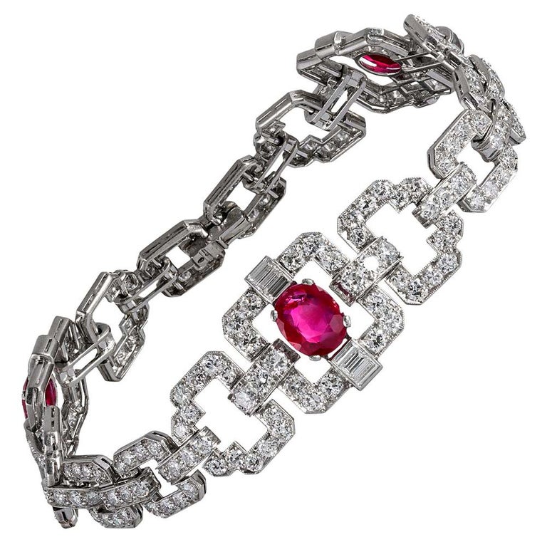 Art Deco Natural Burmese Ruby and Diamond Bracelet For Sale at 1stDibs