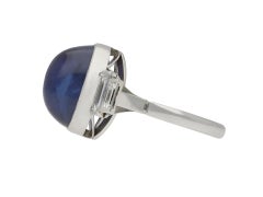 Art Deco natural Ceylon cabochon sapphire and diamond ring.