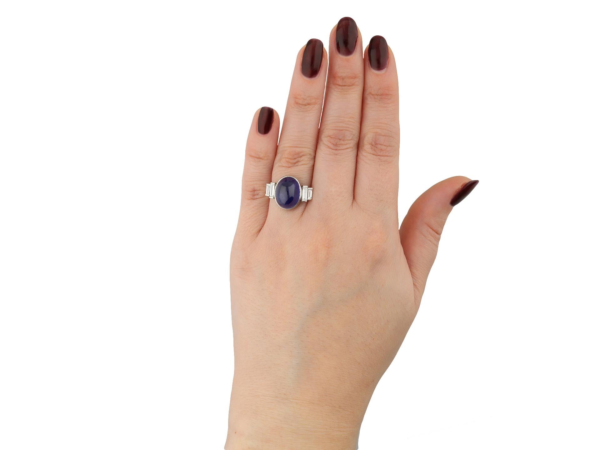Women's Art Deco natural Ceylon cabochon sapphire and diamond ring.  For Sale