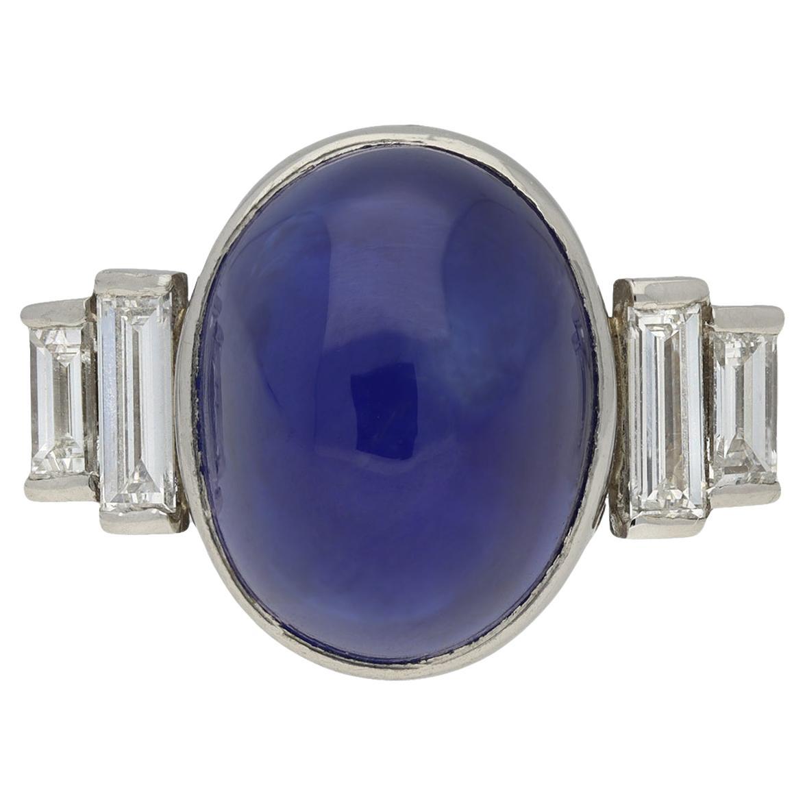 Art Deco natural Ceylon cabochon sapphire and diamond ring.  For Sale
