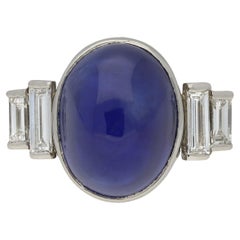 Vintage Art Deco natural Ceylon cabochon sapphire and diamond ring. 