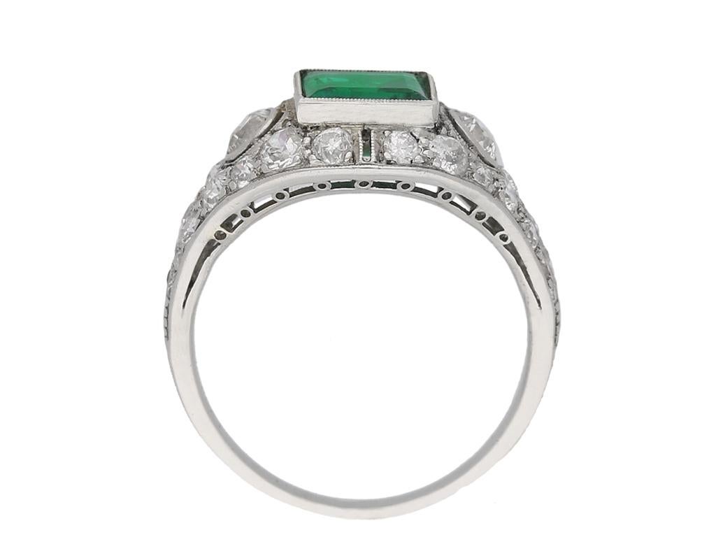 Square Cut Art Deco Natural Colombian Emerald & Diamond Bombé Ring, American, circa 1930