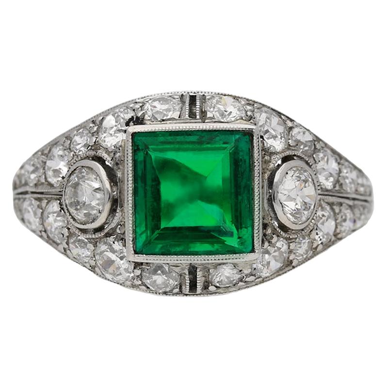 Art Deco Natural Colombian Emerald & Diamond Bombé Ring, American, circa 1930