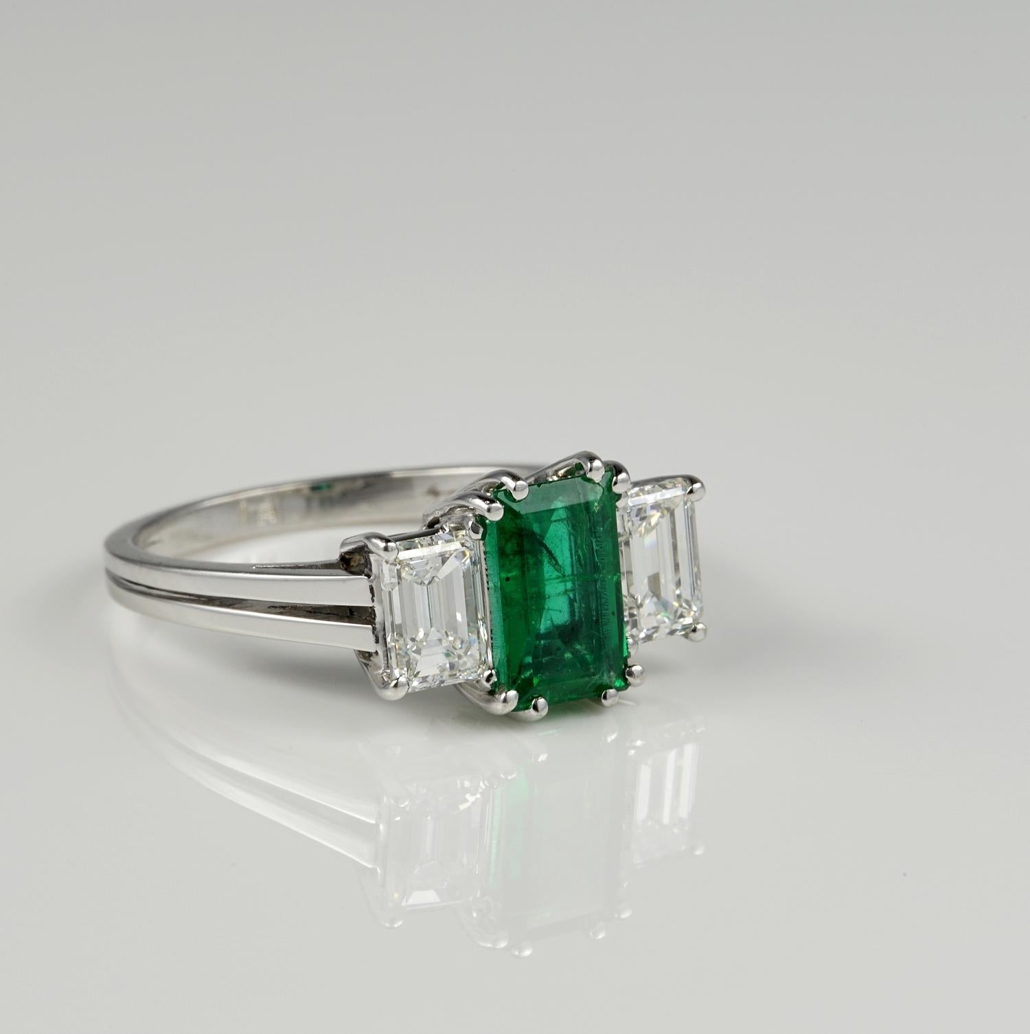 Emerald Cut Art Deco Natural Colombian Emerald Diamond Trilogy Platinum Ring