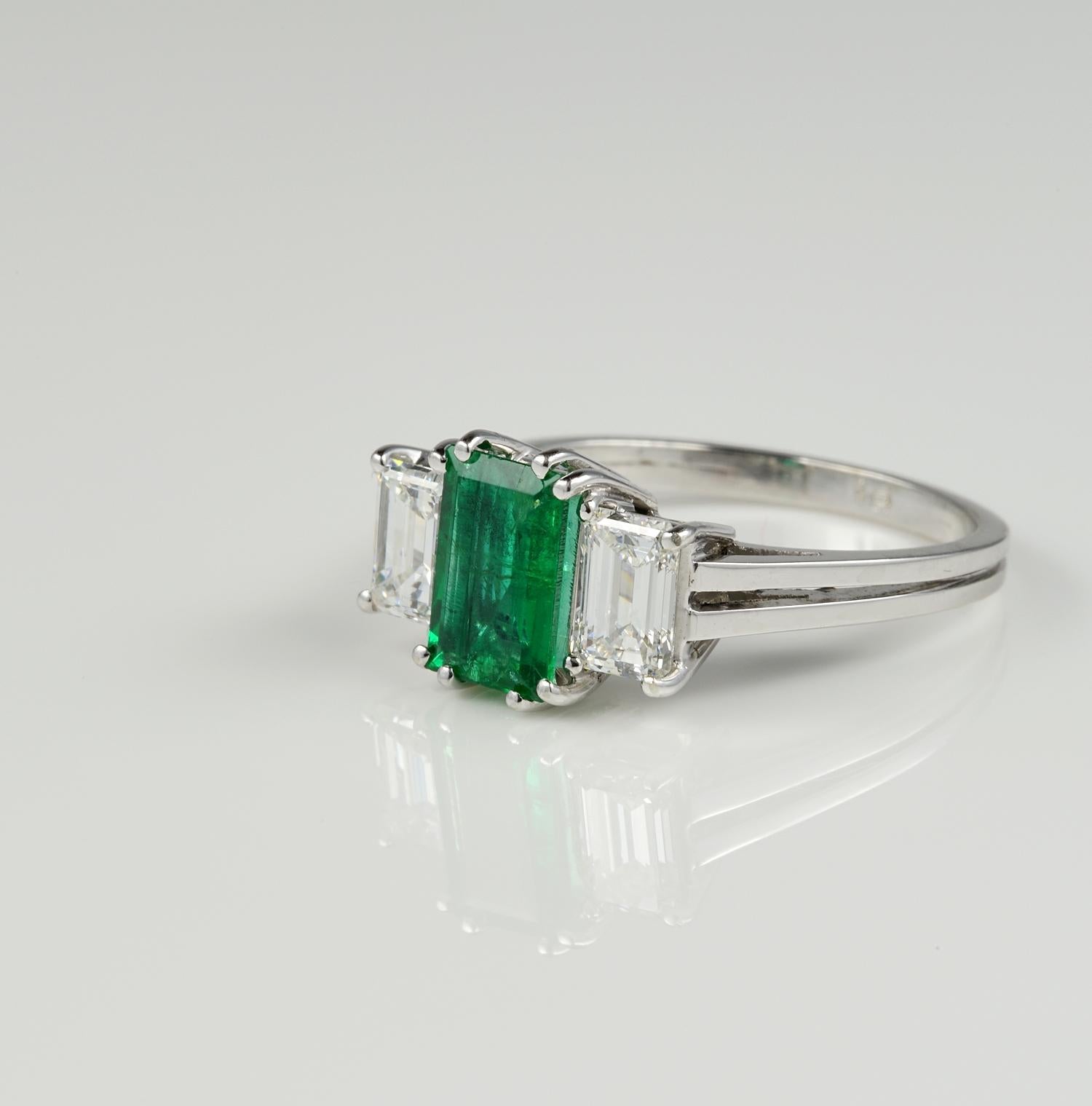 Women's Art Deco Natural Colombian Emerald Diamond Trilogy Platinum Ring
