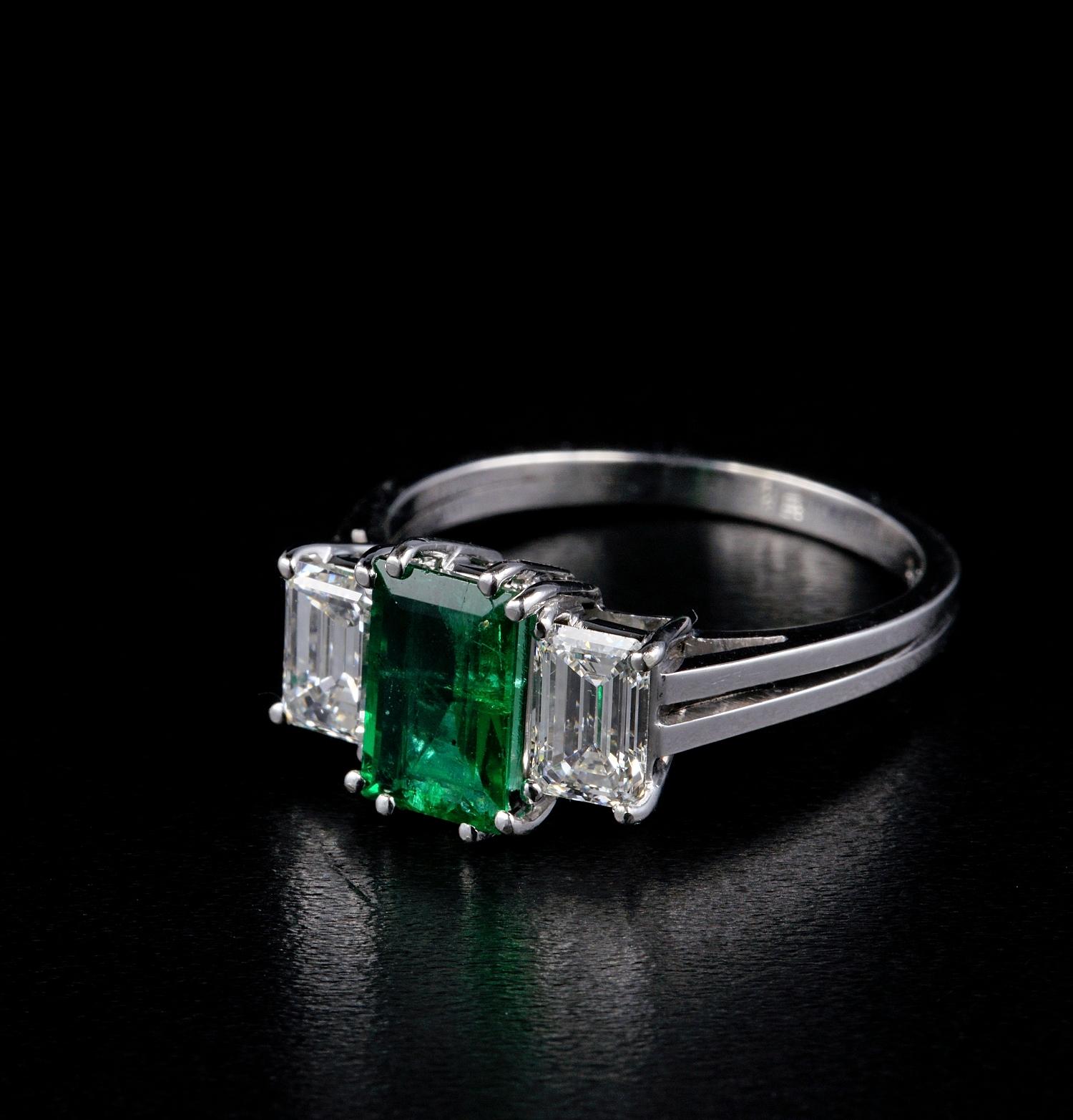 Art Deco Natural Colombian Emerald Diamond Trilogy Platinum Ring 1