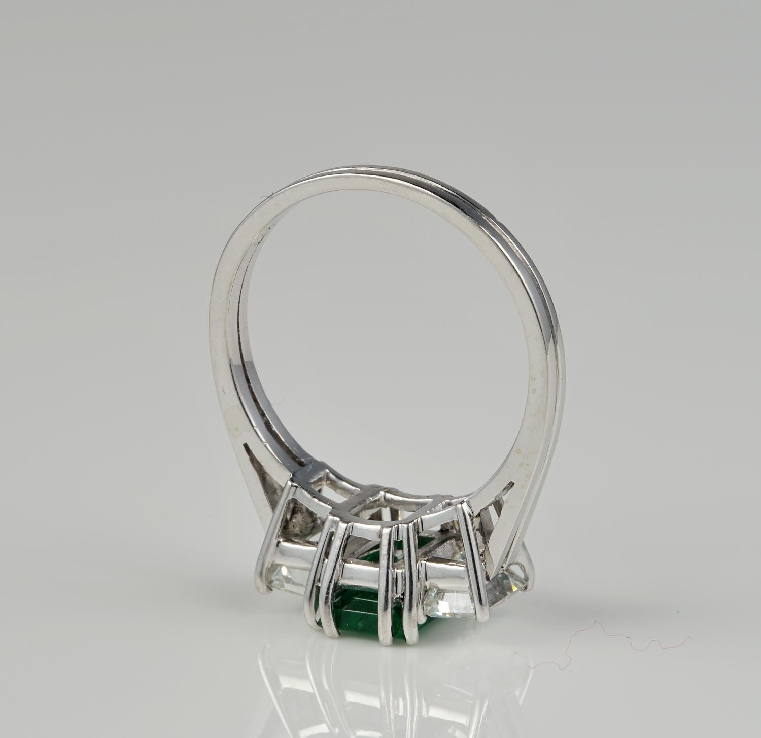 Art Deco Natural Colombian Emerald Diamond Trilogy Platinum Ring 2