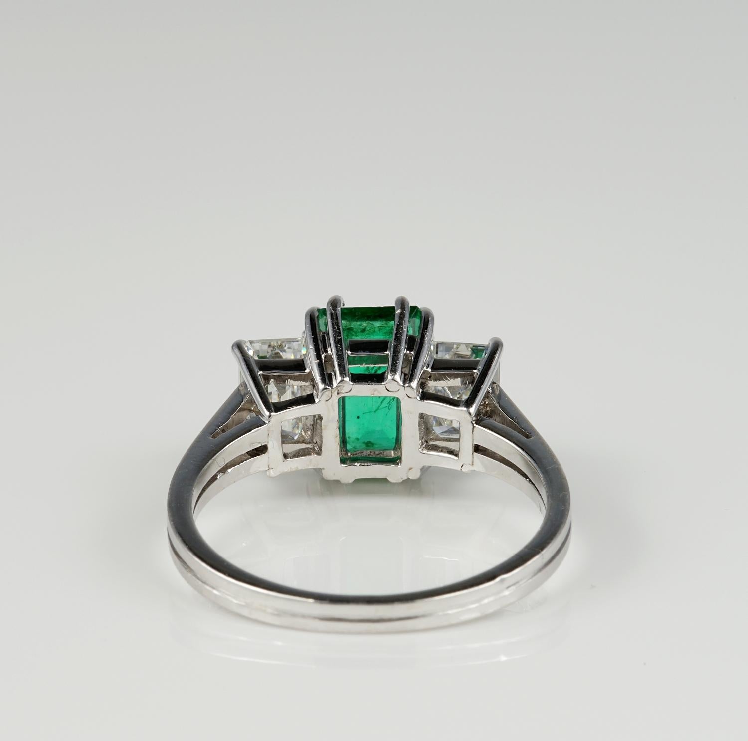 Art Deco Natural Colombian Emerald Diamond Trilogy Platinum Ring 3