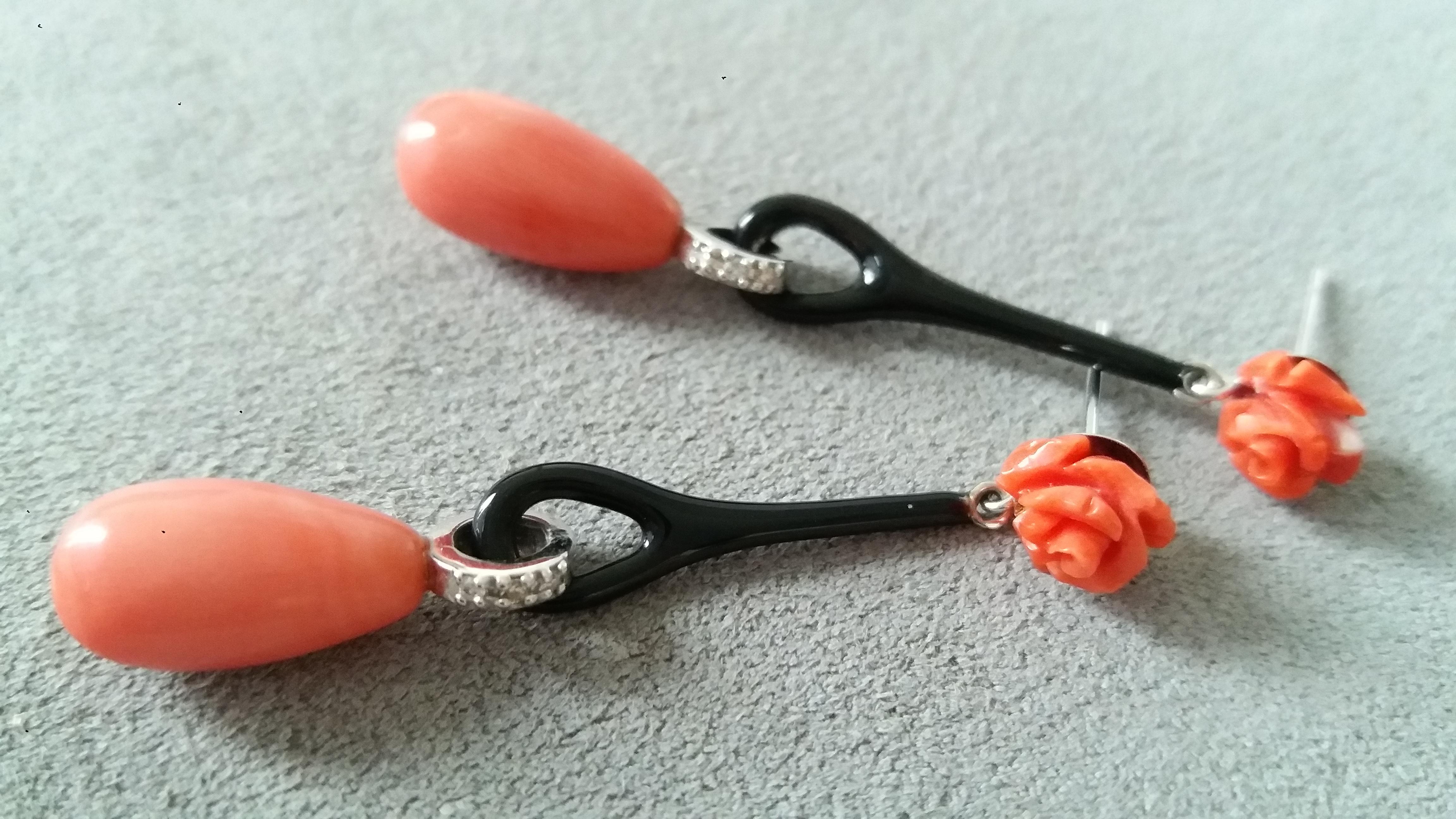 Mixed Cut Art Deco Style Natural Coral Gold Diamonds Black Enamel Drop Earrings For Sale