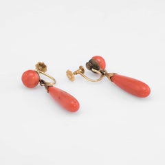 Art Deco Natural Coral Pendant Drop Earrings