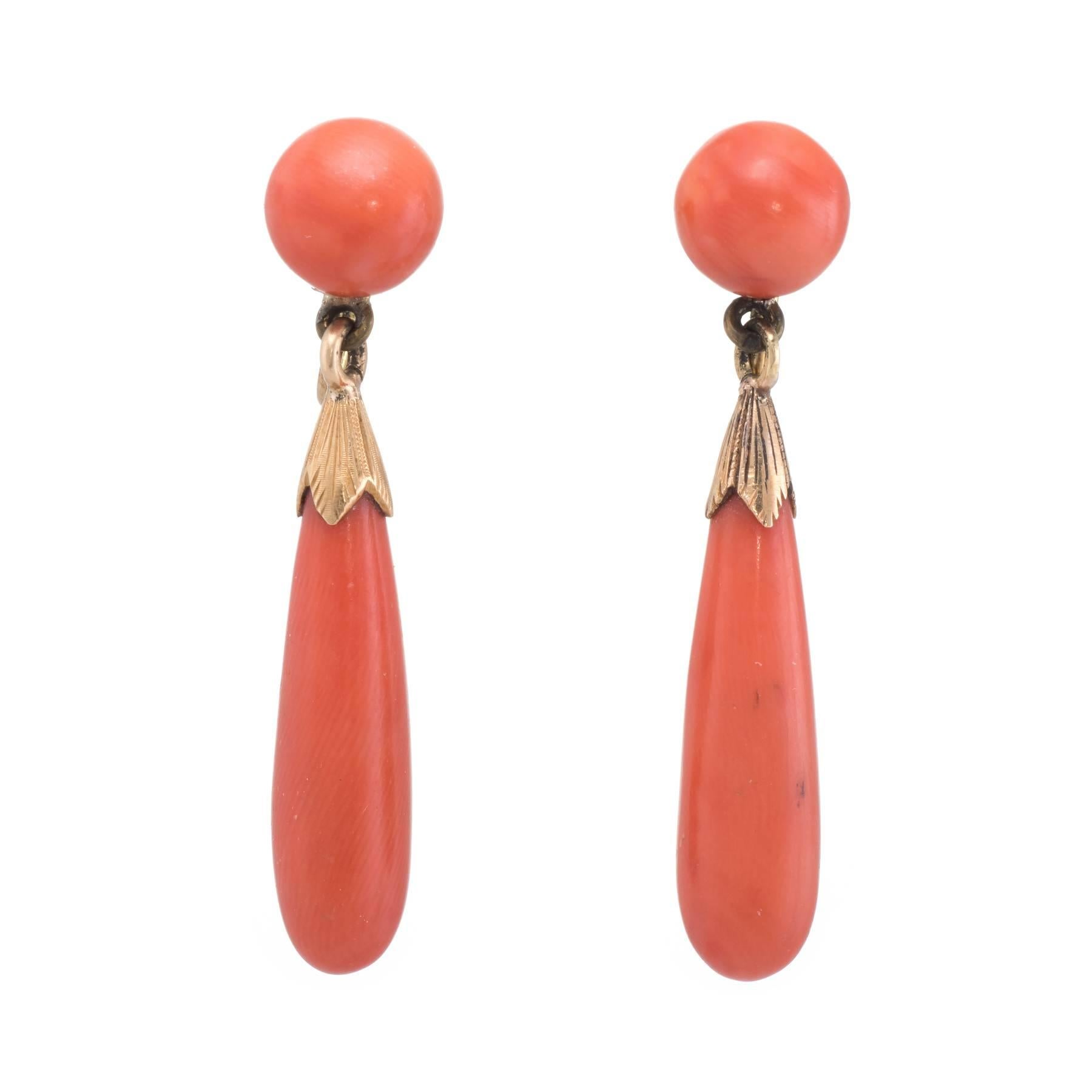 Art Deco Natural Coral Pendant Drop Earrings 