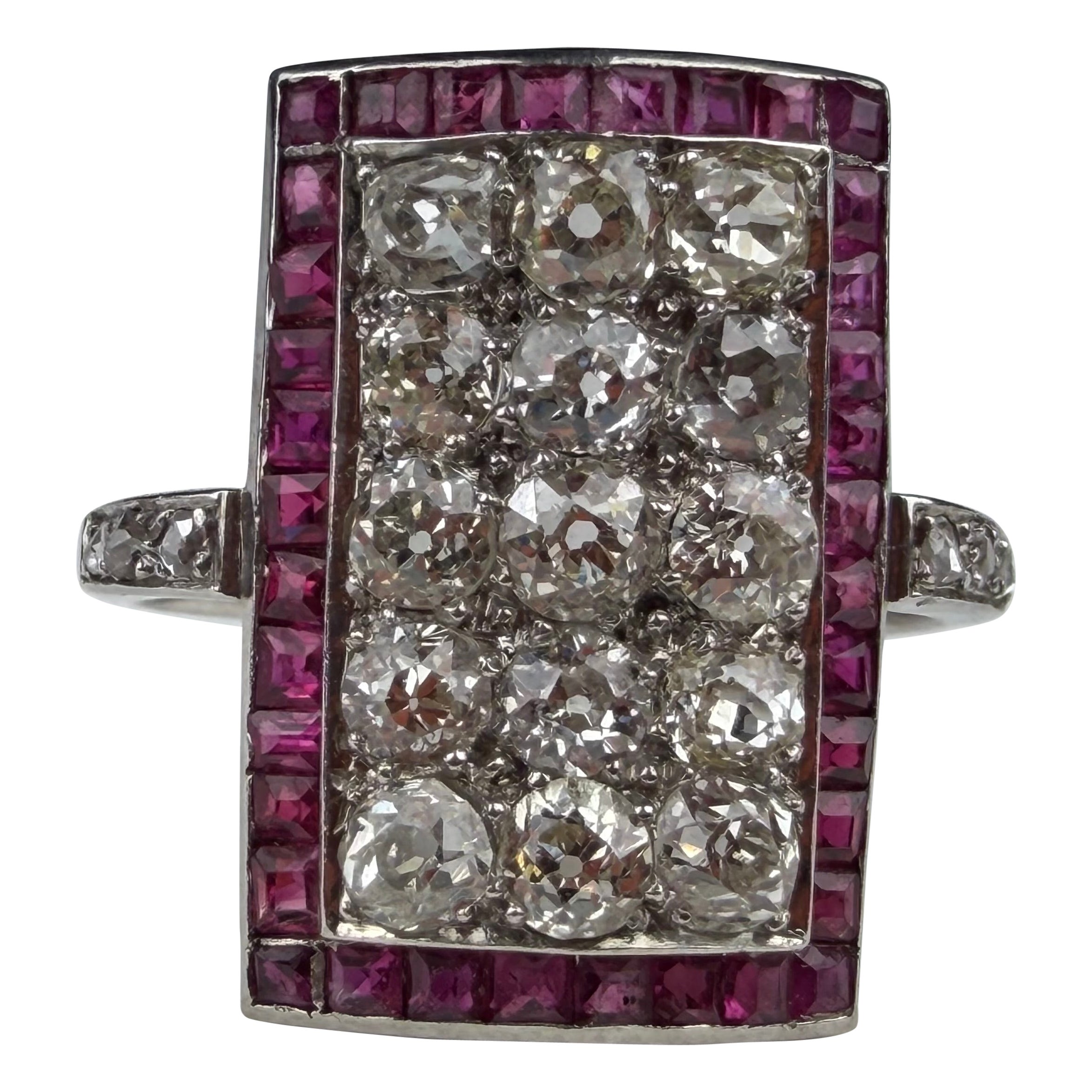 Art Deco Natural Diamond and Ruby Rectangular Cocktail Ring For Sale