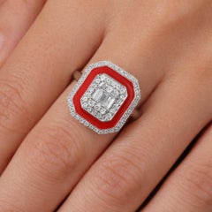 Art Deco Natural Diamond Cluster Red Halo Enamel Ring 18 Karat White Gold