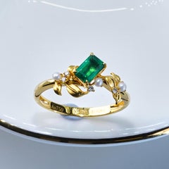 18K Gold Natural Emerald Diamond Pearl Antique Art Deco Style Fashion Ring
