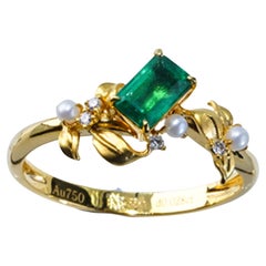 18K Gold Natural Emerald Diamond Pearl Antique Art Deco Style Fashion Ring